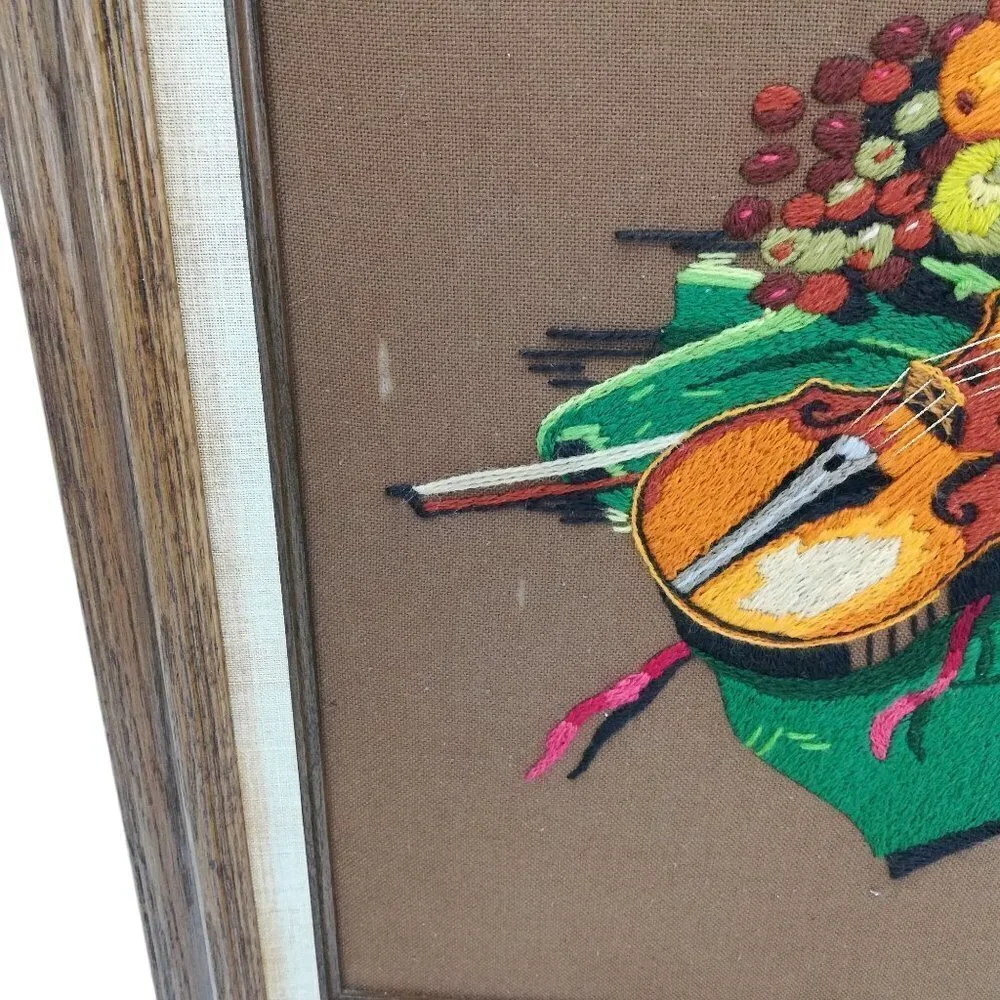 Vintage Completed Crewel Embroidery Picture Violin Rose Fruit Wine Romantic 70s